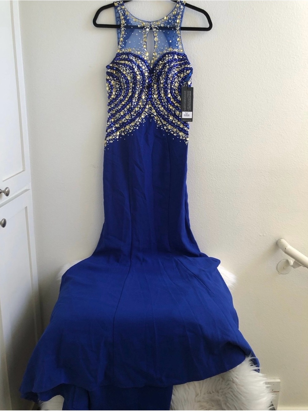 (XS) Royal Blue Beaded Mesh Yoke Evening Dress
